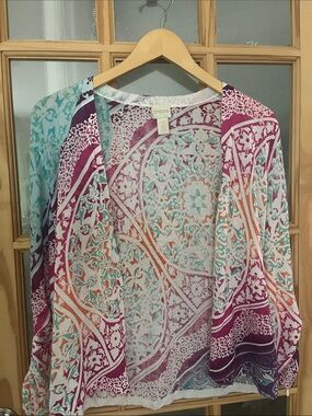 Chico’s Vivid Whimsical Print Open Cardigan colorful Sz 0= small EUC
